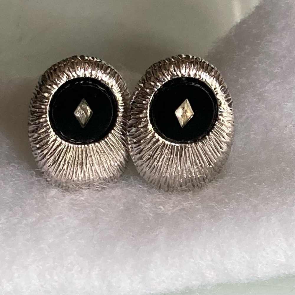 Vintage Silver Cuff Links With Black & Faux Diamond Chip Accents